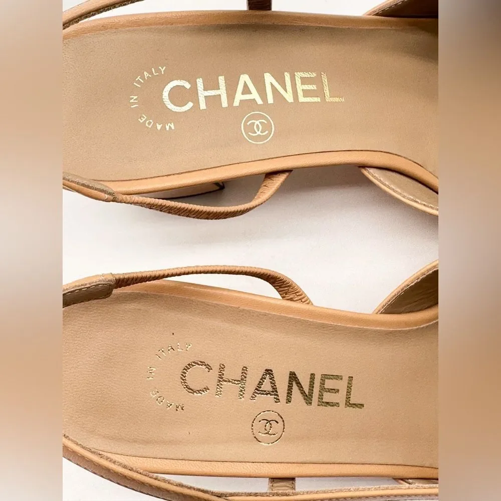CHANEL Slingback Cap Toe Beige & Black Heels Leather Pumps EU 37.5 US 6.5-7